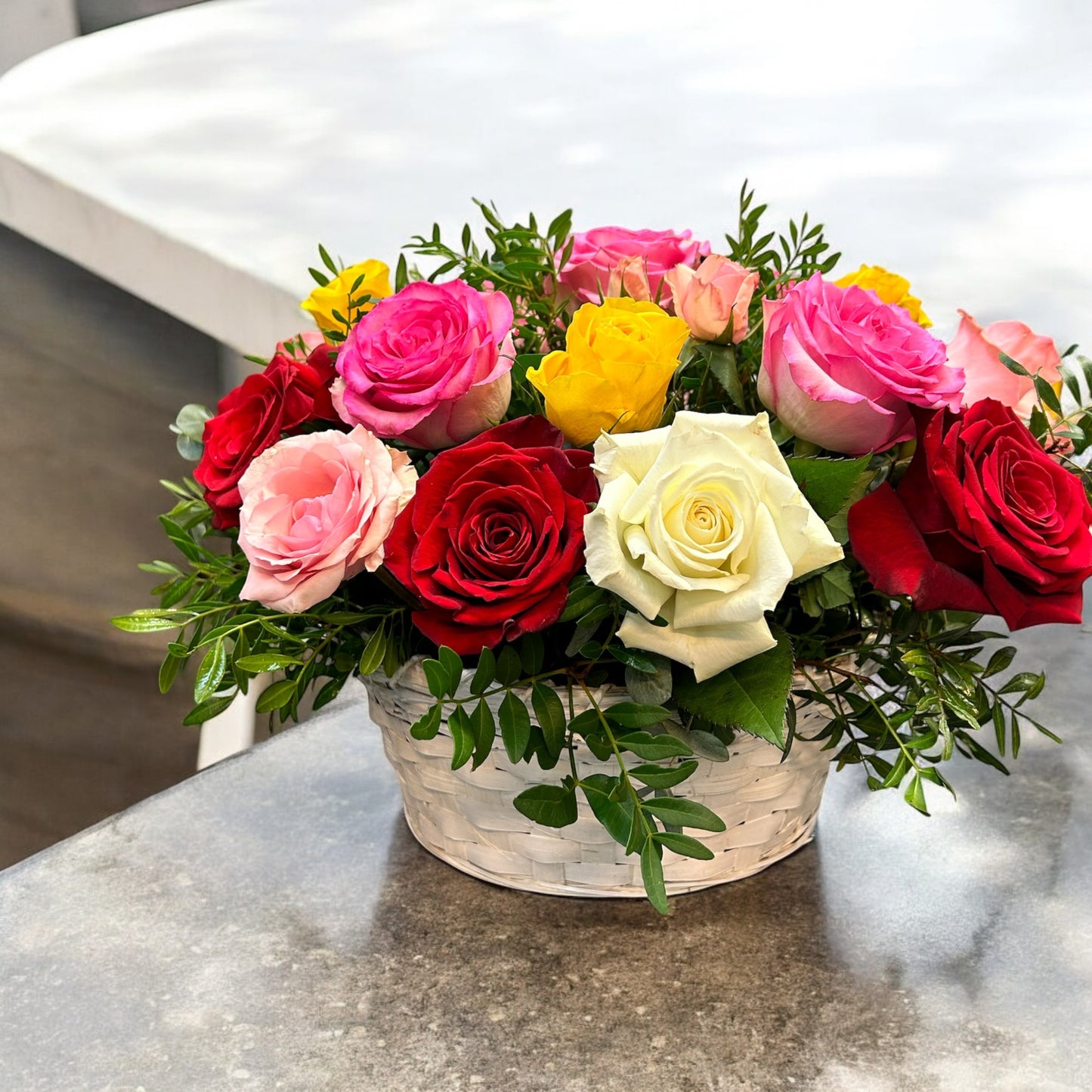 Basket of Multicolored Roses