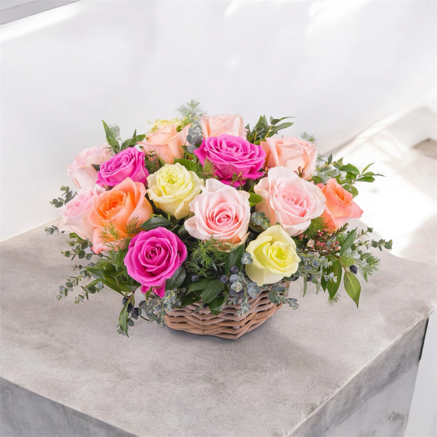 Basket of Multicolored Roses